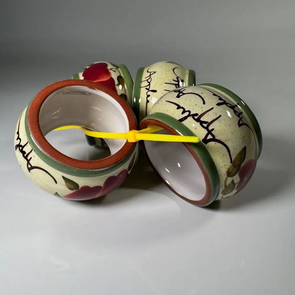 Vintage Ceramic Apple Napkin Rings Set of 4 Red Cream Green Fruit Table Decor